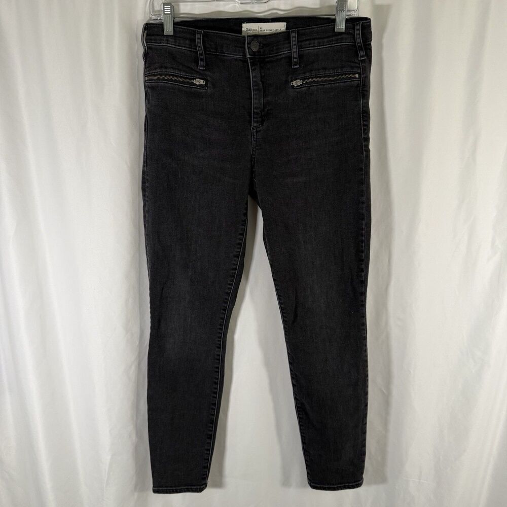 Gap True Skinny Jeans Womens 29 Black Denim Ankle Zip Pockets Mid Rise Cotton Bl